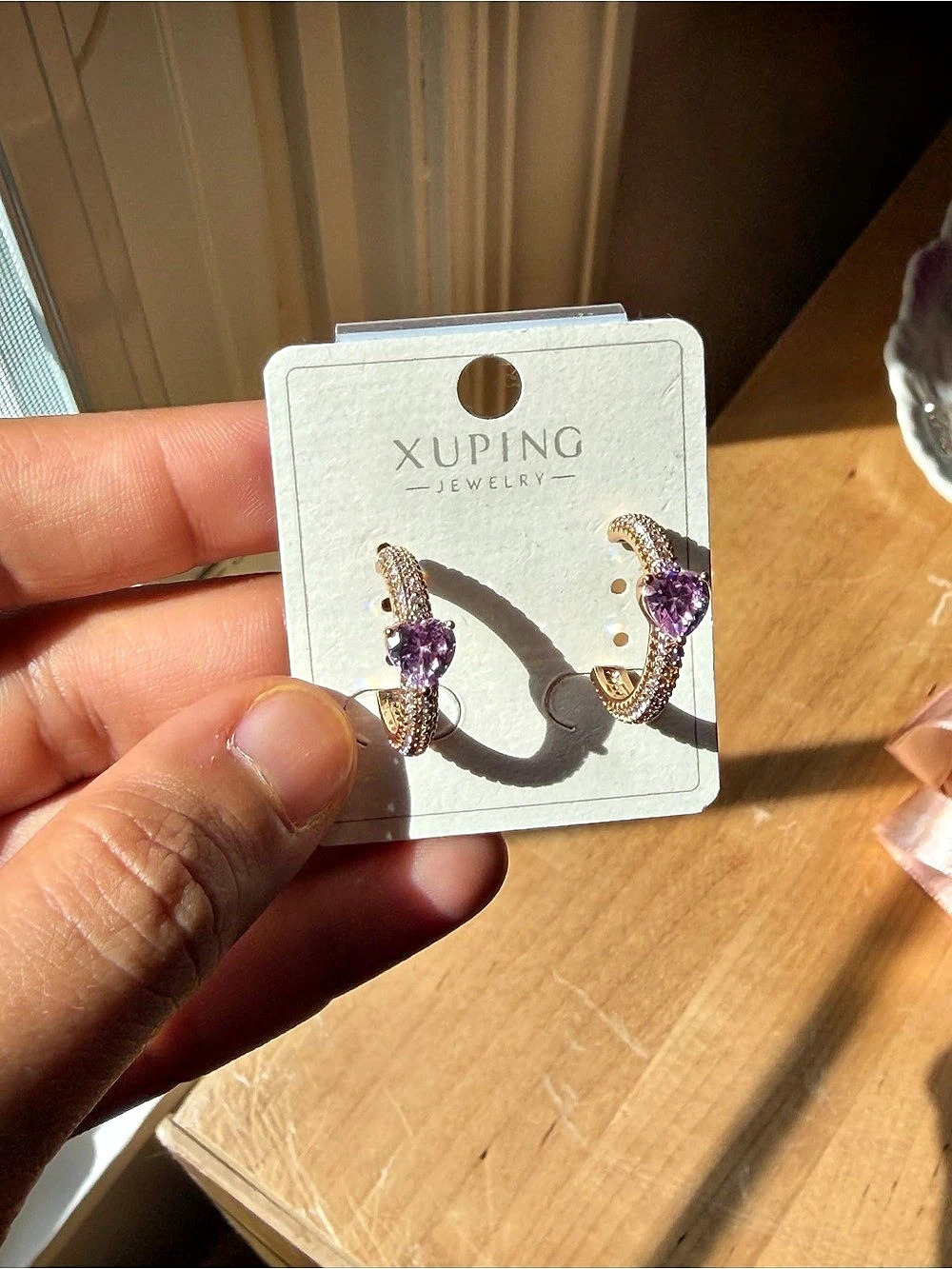 Purple Heart Crystal Huggie Hoop Earrings